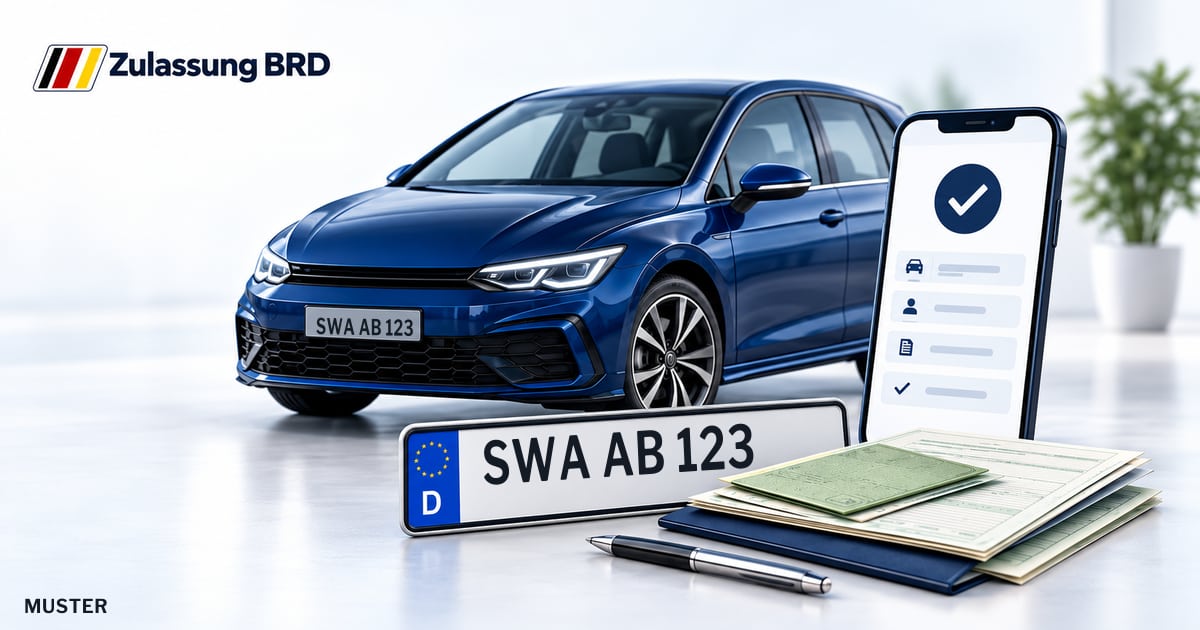 Online Fahrzeugzulassung in Hünstetten: Musterkennzeichen SWA AB 123, Auto und Fahrzeugpapiere und Smartphone. Illustration mit Logo von Zulassung BRD.